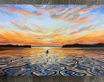 State of The Art Sunset Solitude. 48” x 30” x 1.5”. Original Minnesota Lake Painting by Amy Marie