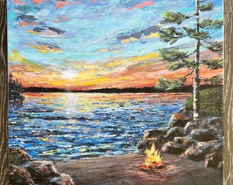 Northwoods Camping. Minnesota lake camping painting canvas print. Multiple sizes available.