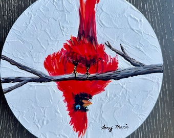 Original circular red cardinal painting. “Cardinals View” by Amy Marie Kulseth. 8” round wood panel