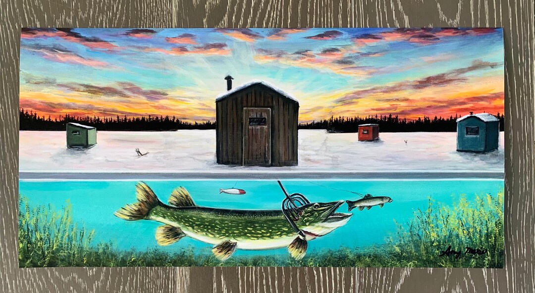 Minnesota Spear Fishing Canvas Painting Print by Amy Marie Art. State of the Art Darkhouse. Etsy