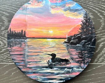 Original Loon circular painting. “State of the Art Loon at Bay” by Amy Marie Kulseth. 8” wood panel.