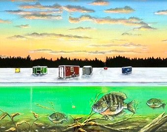 Ice Fishing painting canvas print. State of the Art Blue Gills by Amy Marie Art.