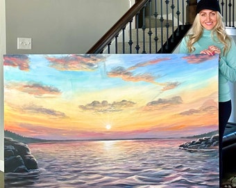 Giant 60” x 48” original painting. “State of the Art Serenity Lake” Sunset lake view painting by Amy Marie Kulseth.