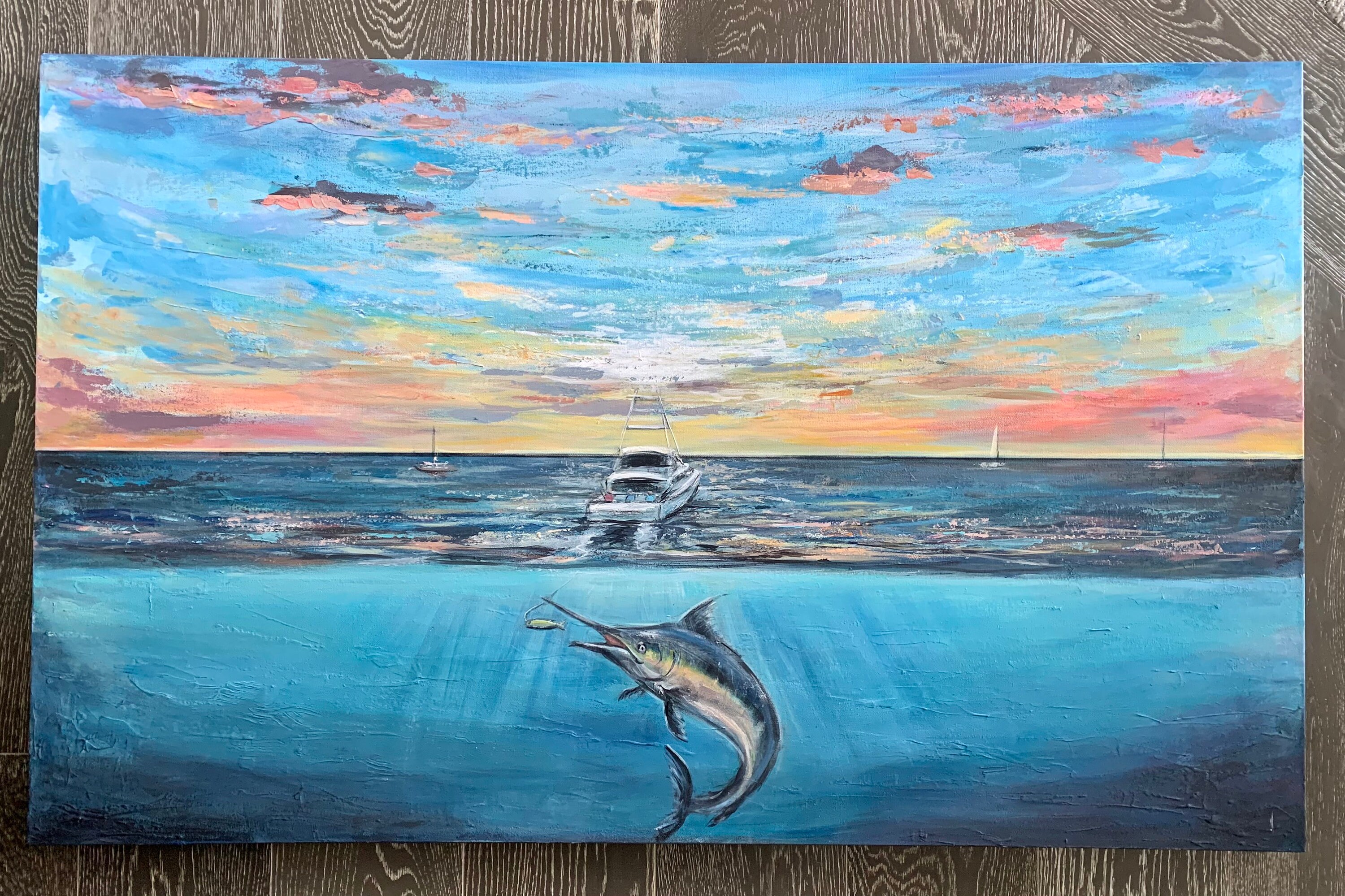Original Marlin Painting. “into the Blue”. 48” X 30” Canvas