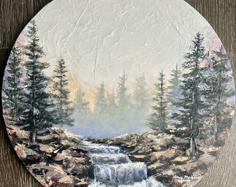 Circular 16” original painting. Northwoods Babbling Brooke painting by Amy Marie Kulseth. 2024