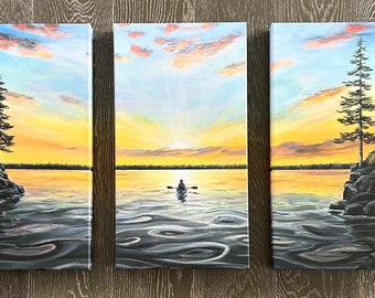 Minnesota Kayak Triptych Canvas print painting by Amy Marie Kulseth. State of the Art Peacful Paddle. Multiple sizes available.