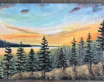 Original tree landscape painting by Amy Marie Kulseth. 36” x 24” x 1.5”. “Majestic View”. 2023