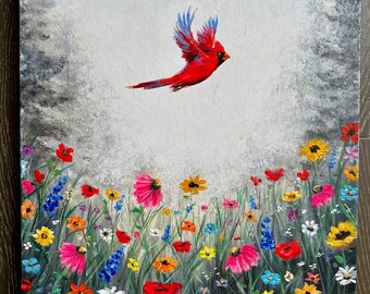 Original cardinal floral painting. “Heavenly Petals Cardinal” by Amy Marie Kulseth. 20” x 16” x 1.5”