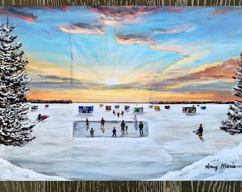 Minnesota Winter hockey art canvas print. Painting by Amy Marie Kulseth. Multiple sizes available.