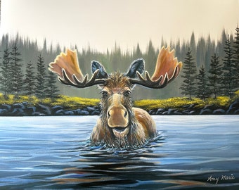 Northwoods Matt the Moose canvas print. Painting by Amy Marie Kulseth. Multiple sizes available.