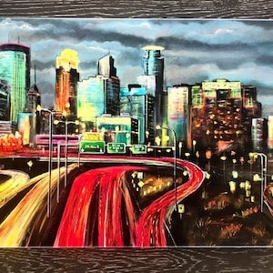 Minneapolis Skyline Art painting canvas print. Neon City