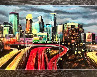 Minneapolis Skyline Art painting canvas print. Neon City