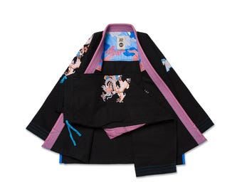 May include: Black martial arts uniform with pink and blue accents. The jacket and pants feature embroidered dragon designs. The collar and trim are pink, with blue accents on the jacket and pants.