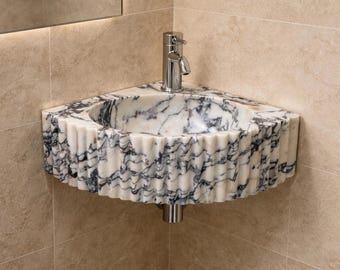 Calacatta Viola Corner Fluted Marble Sink, Wall Mount Bathroom Basin
