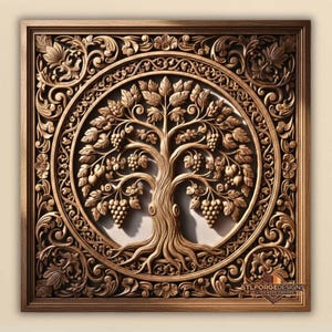 Peut inclure: Une œuvre d'art murale carrée en bois sculpté représentant un arbre de vie. L'arbre est centré dans un cadre circulaire, entouré de motifs floraux et de volutes. La pièce est finie dans une teinte bois naturelle et chaleureuse.