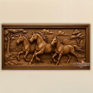 Pferd STL-Datei - Drei galoppierende Pferde 3D Reliefmodell | CNC-Fräser Wildtiere schnitzen | Aspire & VCarve Bereit Digitaler Download