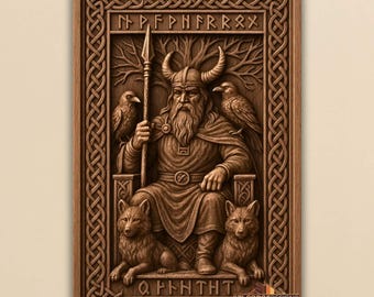 May include: A wooden relief carving depicting a seated figure with a long beard, wearing a horned helmet, and holding a spear. Two ravens and two wolves flank the figure. The carving is framed with Celtic knotwork and includes runic inscriptions.