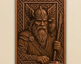 May include: A detailed wood carving of a bearded figure in a helmet with wings, holding a spear, and a raven on his shoulder. The carving is framed with a Celtic knot design and features the text "STLFORGEDESIGNS".