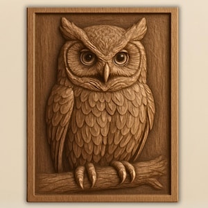 Owl STL File – 3D Relief Model of Owl on Branch | CNC Router Wildlife Carving | Aspire & VCarve Ready Digital Download