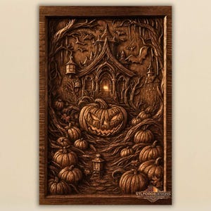 以下が含まれることがあります： ハロウィーンをテーマにした、彫刻された木製の壁掛けアート。不気味な家、カボチャ、コウモリ、木々が描かれています。作品は濃い色の木で額装されており、右下に「STLFORGEDESIGNS」の文字があります。