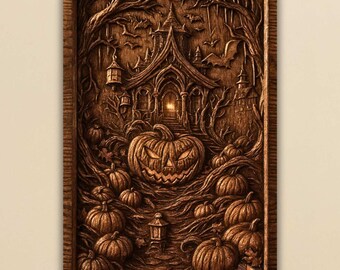 May include: A carved wooden wall art piece featuring a Halloween theme. The artwork depicts a spooky house, pumpkins, bats, and trees. The piece is framed in a dark wood and has the text "STLFORGEDESIGNS" in the bottom right corner.