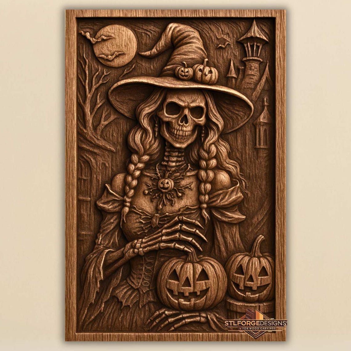 Skeleton Witch With Pumpkins STL File | 3D Halloween Relief for CNC ...