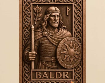 May include: A wooden relief carving of Baldr, a figure from Norse mythology, framed by intricate Celtic knotwork. Baldr is depicted with long hair, a beard, and holding a spear and shield with a sun design. The name "BALDR" is carved at the bottom.