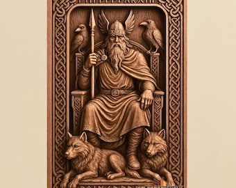 May include: A detailed wooden carving of a seated figure with a long beard, holding a spear, and wearing a helmet. Two ravens flank the figure, with two wolves at the base. The carving features intricate knotwork and runes.