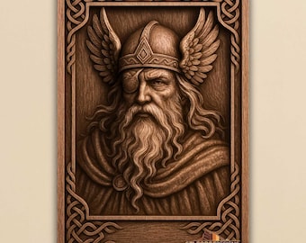 May include: A detailed wooden carving of a Viking figure with a helmet, wings, and an eye patch. The carving is framed with a Celtic knot design. The figure has a long beard and is wearing a cloak. The carving is in shades of brown.