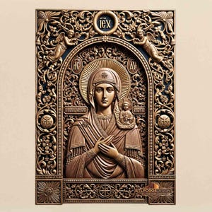 Virgin Mary & Child Jesus Icon STL File – Ornate Orthodox Christian Relief with Angels for CNC Router  VCarve Wood Carving