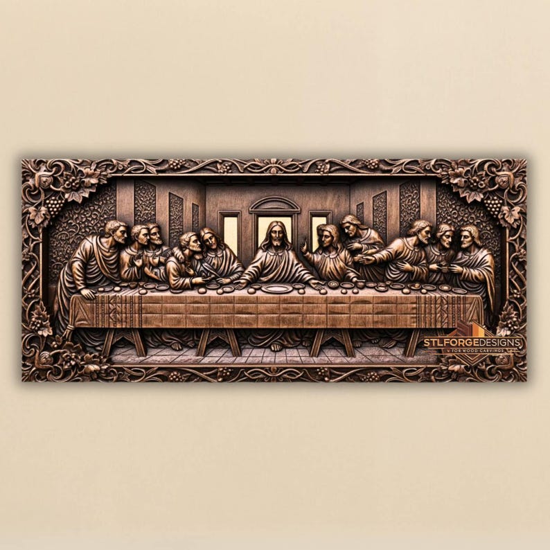 May include: A detailed, brown wooden relief carving depicting the Last Supper. The artwork features figures seated around a long table, with intricate details in the clothing and facial expressions. The piece is framed with decorative floral and grape vine elements.