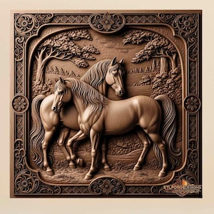 Zierpferde 3D STL Relief | Dekorativer CNC-Fräser & Lasergravur-Holzschnitzdatei
