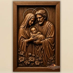 May include: A framed, wooden relief carving depicting the Holy Family. The artwork features Mary, Joseph, and the baby Jesus, with floral accents at the bottom. The piece is in a brown tone.