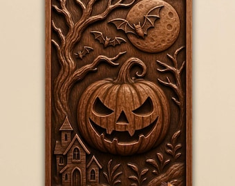May include: A carved wooden Halloween-themed wall art piece. The artwork features a grinning jack-o'-lantern, bats, a full moon, a spooky house, and bare trees. The piece is framed in a dark wood.