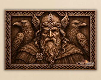 May include: A detailed wooden carving of a Viking figure with a long beard, winged helmet, and one closed eye, flanked by two ravens. The carving is framed with a Celtic knot border and features the text "STLFORGEDESIGNS".