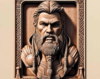 May include: A detailed wooden carving of a bearded man with long hair and braids, framed by intricate Celtic knotwork. The bust features a stern expression and is set within a rectangular border. The text "STLFORGEDESIGNS" is visible.