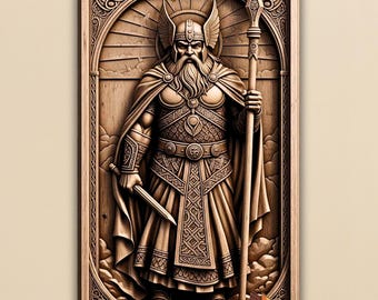 May include: A detailed wooden carving of a Viking warrior, framed in a rectangular border. The warrior is depicted with a long beard, helmet with wings, and holding a spear and a sword. The carving features intricate details and is set against a backdrop of stylized clouds and sun rays.