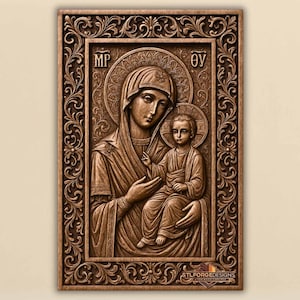 Virgin Mary & Child Icon STL File – Orthodox Christian 3D Relief for CNC Router, Aspire  VCarve Wood Carving