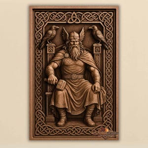 以下が含まれることがあります： 長いひげ、翼のあるヘルメット、ハンマーを持った座っている人物の木彫りのレリーフ。2羽のカラスが両側にいます。彫刻はケルトのノットワークで縁取られ、「STLFORGEDESIGNS」の文字が記されています。