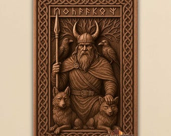 May include: A detailed wooden carving depicting a figure with a horned helmet, holding a spear, with ravens and wolves. The carving has intricate knotwork borders and runes. The color is a warm brown, with a focus on Norse mythology.