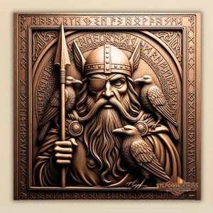 Odin Norse God STL File | Viking Warrior Bas Relief for CNC | Huginn Muninn Ravens 3D Wood Carving | Nordic Mythology Art | STLforgeDesigns