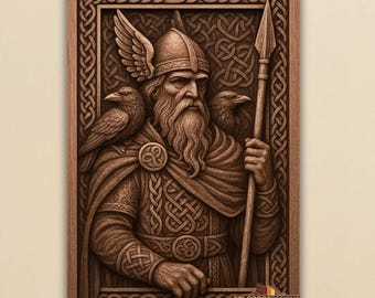 May include: A detailed wooden carving of a bearded figure in a helmet with wings, holding a spear, and flanked by two ravens. The carving features intricate knotwork and is framed within a border of Celtic-inspired designs. The text "STLFORGEDESIGNS" is visible.