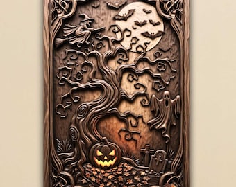 May include: A carved wooden Halloween-themed plaque. The design features a witch on a broom, bats, a full moon, a spooky tree, a jack-o'-lantern, a ghost, and tombstones. The plaque is framed with a detailed border.