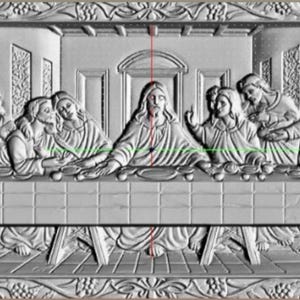 May include: A detailed, grayscale relief carving depicting the Last Supper. The artwork features figures seated around a long table, with intricate details in their clothing and expressions. The scene is framed by decorative borders with floral and grape vine motifs.
