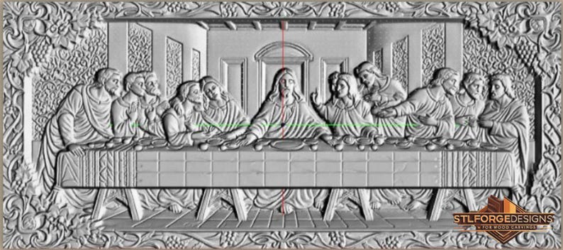 May include: A detailed, grayscale relief carving depicting the Last Supper. The artwork features figures seated around a long table, with intricate details in their clothing and expressions. The scene is framed by decorative borders with floral and grape vine motifs.