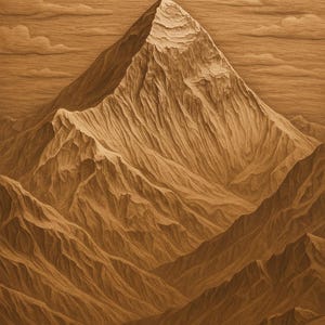Könnte beinhalten: Detaillierte Illustration eines Bergmassivs. Das Bild zeigt einen markanten, scharf definierten Gipfel mit strukturierten, geschichteten Felsformationen. Die Farbpalette wird von Braun- und Beigetönen dominiert, mit subtilen Wolkenformationen im Hintergrund.