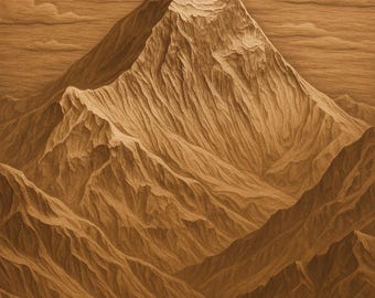 May include: A detailed illustration of a mountain range. The image features a prominent, sharply defined peak with textured, layered rock formations. The color palette is dominated by shades of brown and tan, with subtle cloud formations in the background.
