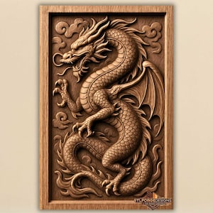 Può includere: Intaglio in legno dettagliato di un drago all'interno di una cornice rettangolare. Il drago è raffigurato con squame, ali e artigli intricati, circondato da nuvole stilizzate. L'opera d'arte è nei toni del marrone e presenta il testo "STLFORGEDESIGNS".