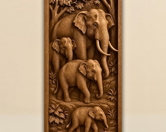 Elephant STL File – Elephant Family 3D Relief Model | CNC Router Wildlife Carving | Aspire & VCarve Ready Digital Download