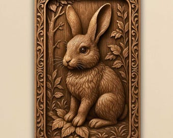 May include: A detailed wooden relief carving of a rabbit in a naturalistic setting. The brown rabbit is seated among leaves and branches, framed by an ornate border. The carving is a rectangular shape and features the text "STLFORGEDESIGNS".